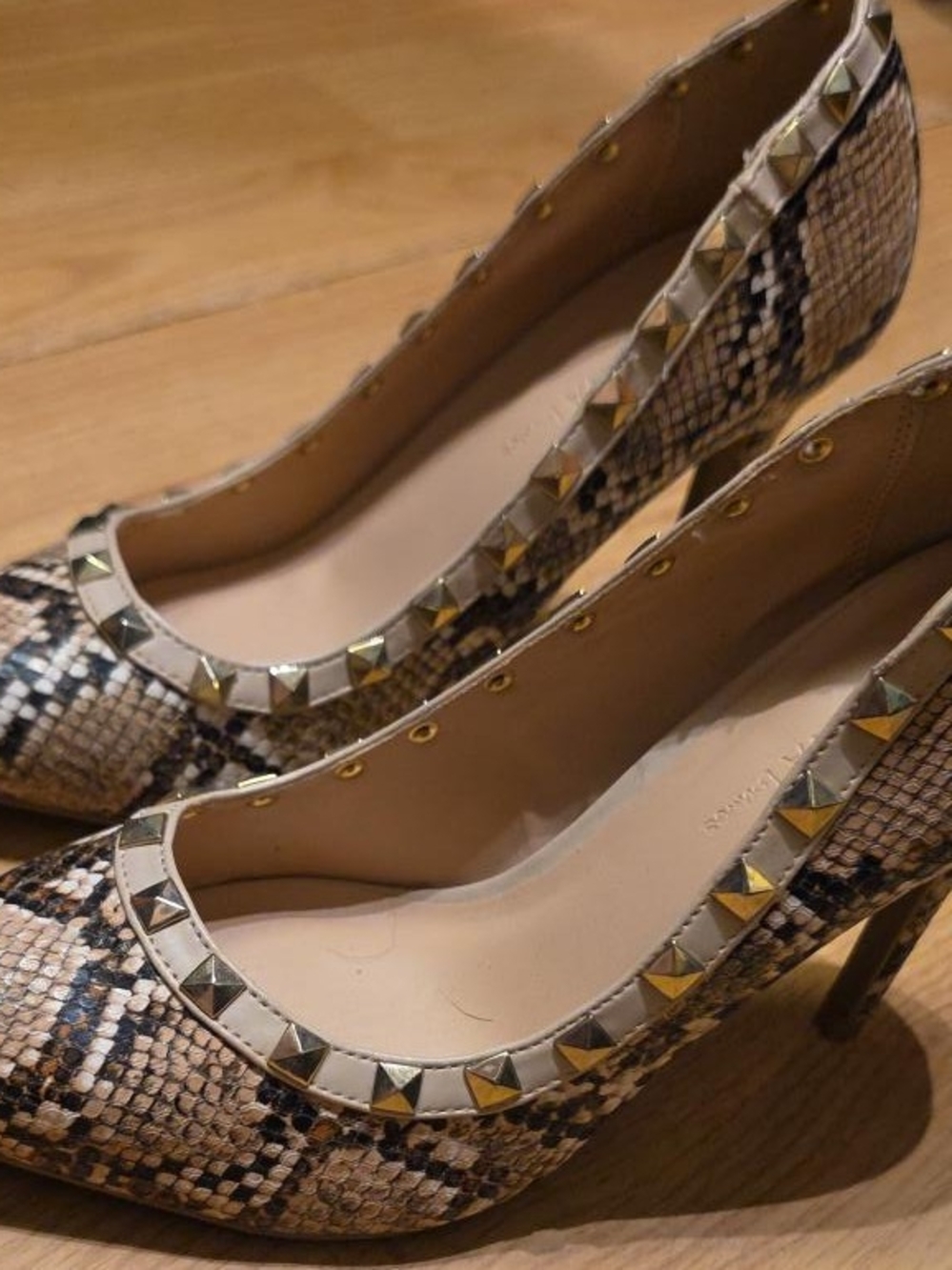 #87 Wild Diva Lounge Snake Print Studded Heels — Size 7.5